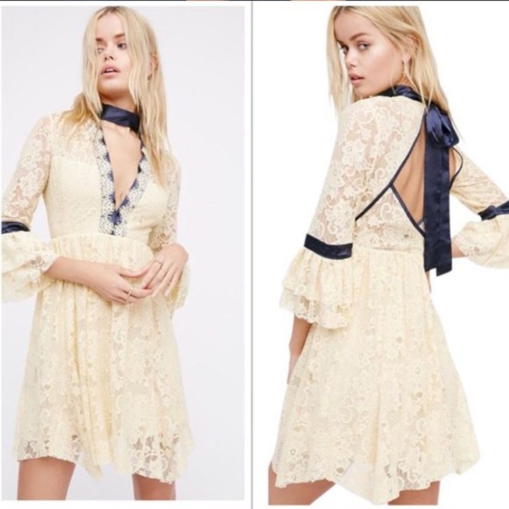 FREE PEOPLE Women’s Ivory Beige Cream Gilded Lace Open Back Mini Dress (XS) (2)